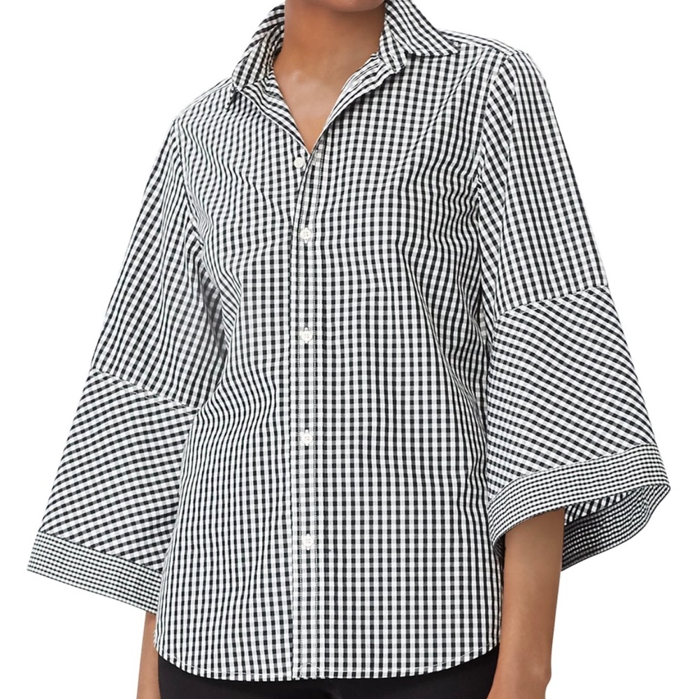 Lauren Ralph Lauren Black White Gingham Bell Sleeve Top Small